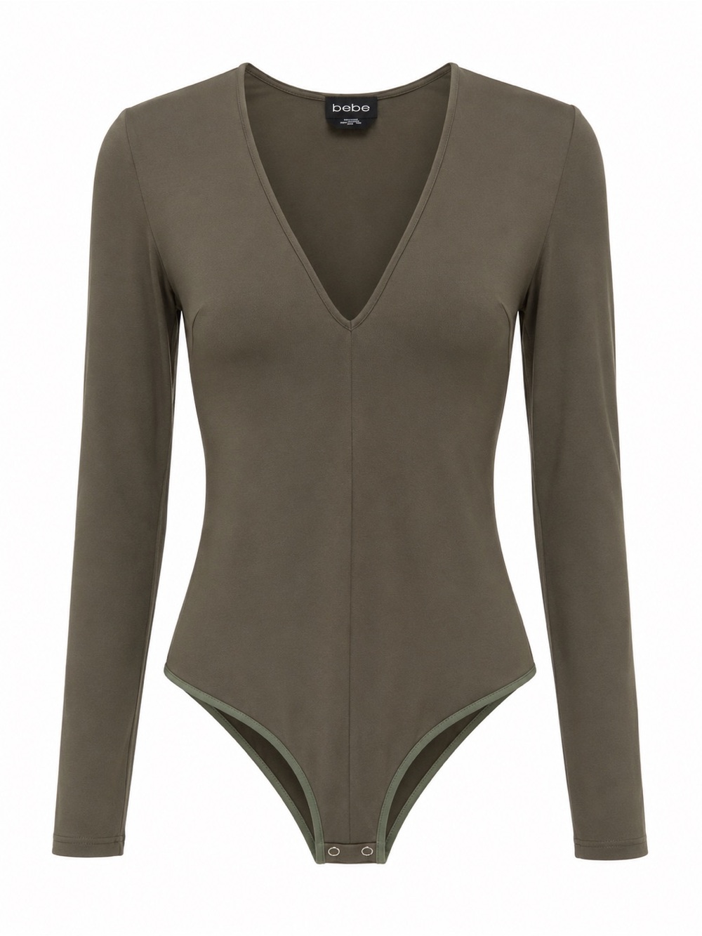 bebe Olive Long Sleeve V-Neck Bodysuit with Snap Hem
